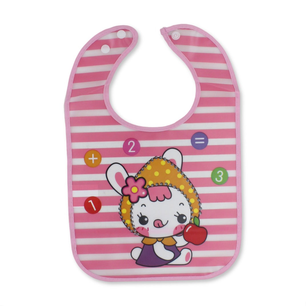 La Frutta PVC Baby Bib with Pocket – Striped Pink with Rabbit Print - Baby Essentials