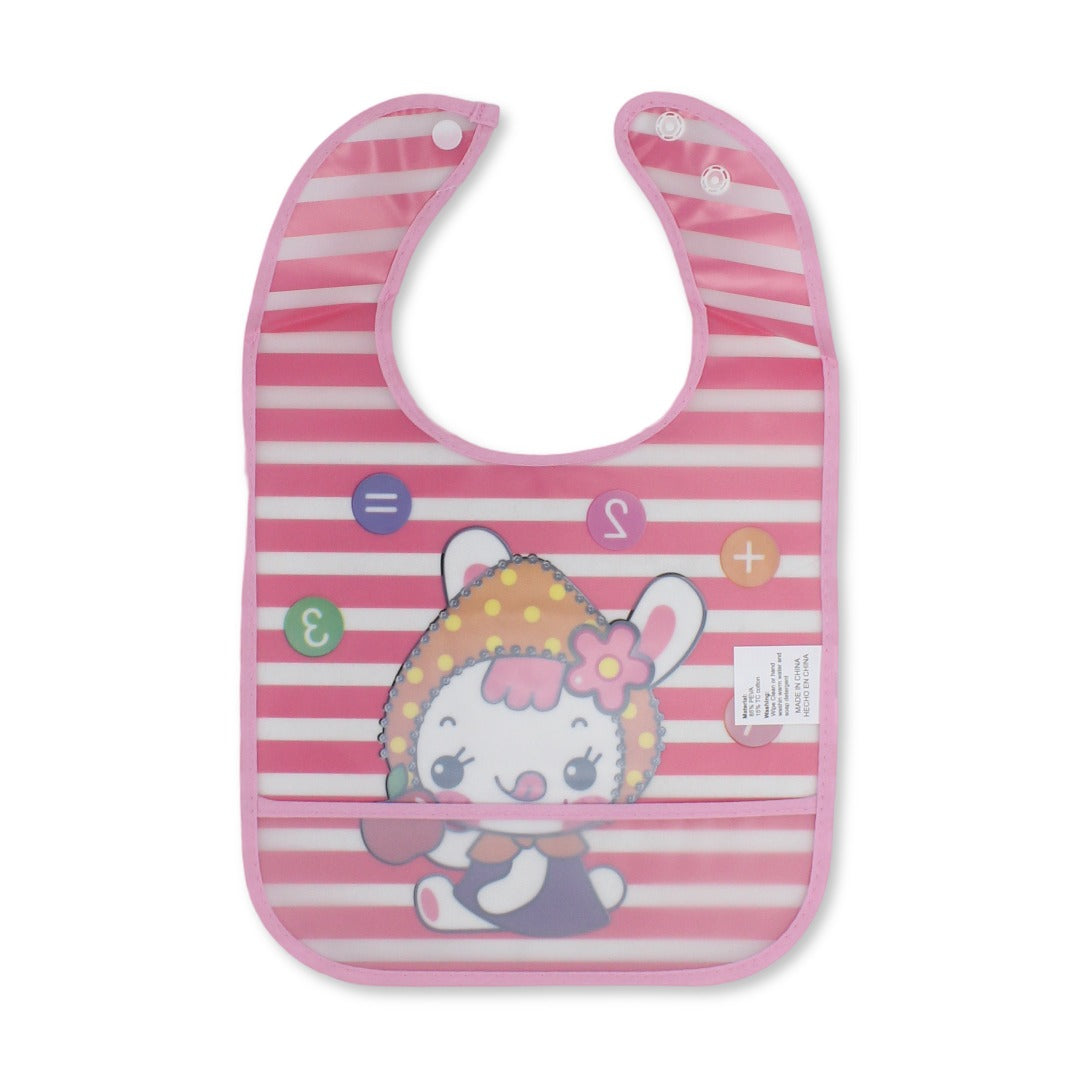La Frutta PVC Baby Bib with Pocket – Striped Pink with Rabbit Print