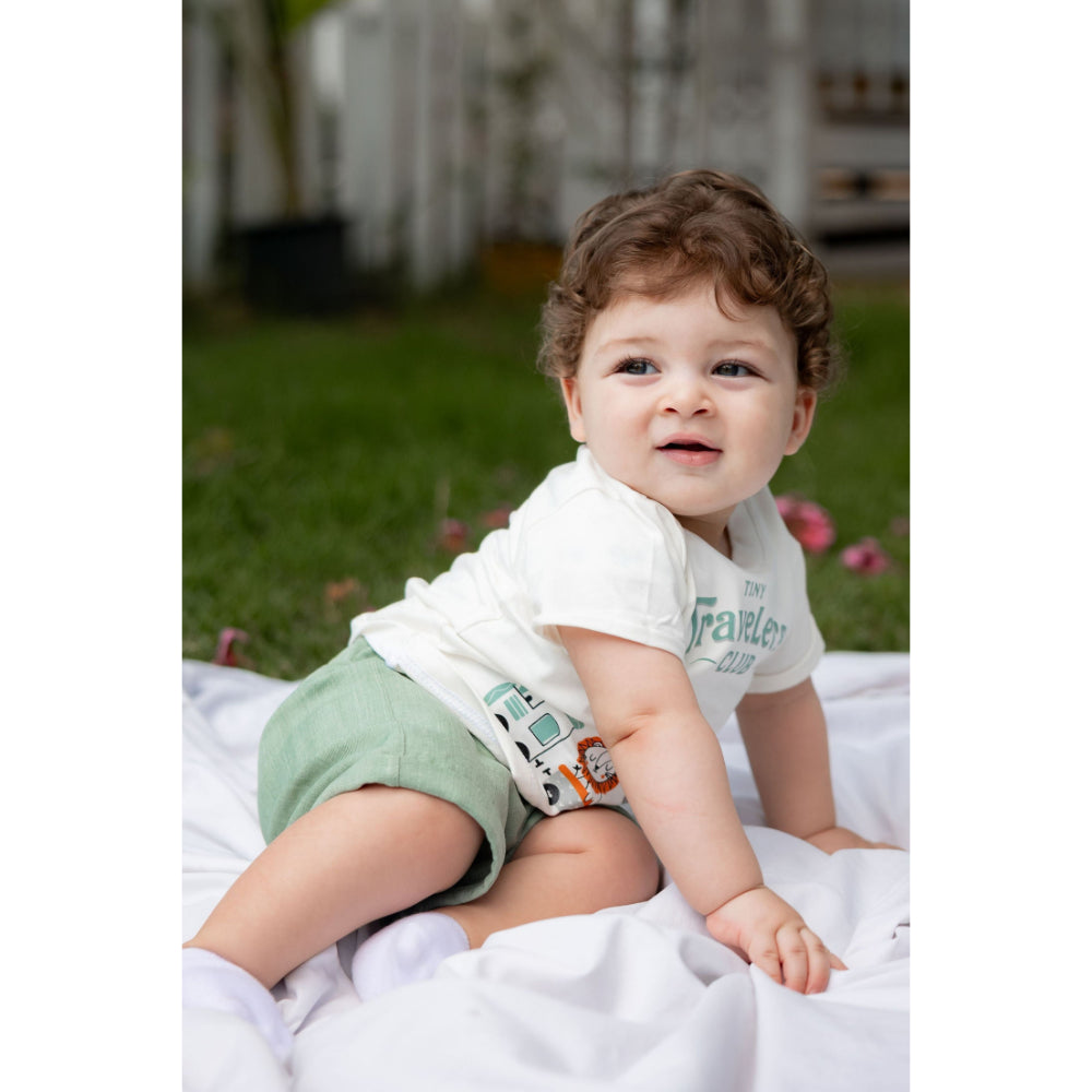 Baby Boys Linen & Cotton 2-Piece Tiny Traveler Outfit Set – Green + Off-White