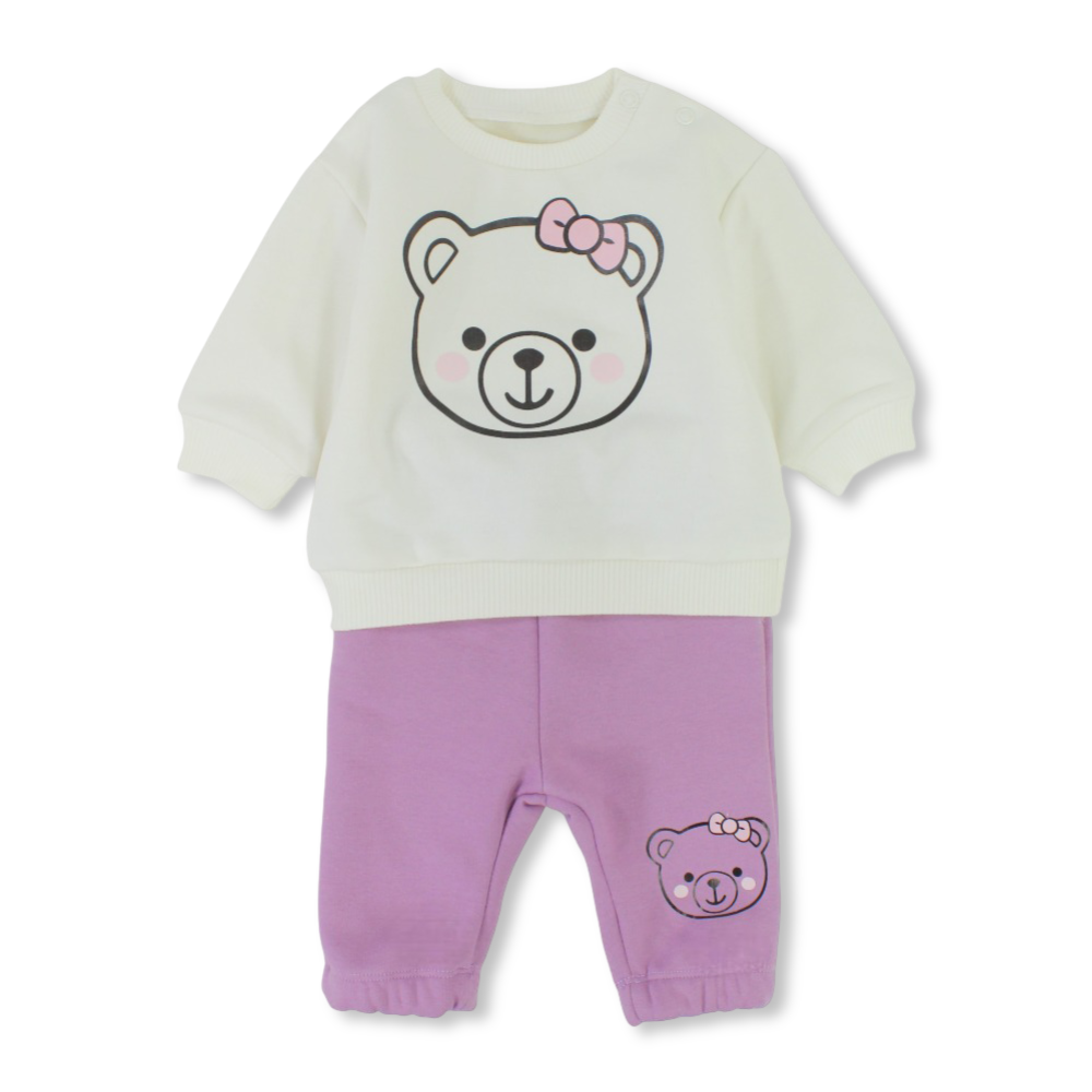 Baby Girls Cotton Pajama Set – Off White/Purple with Bear Head Print - Clothing - Al Sayad