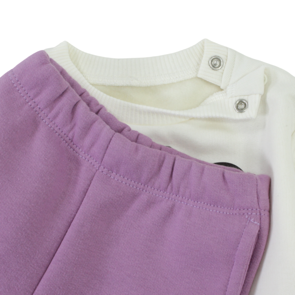 Baby Girls Cotton Pajama Set – Off White/Purple with Bear Head Print