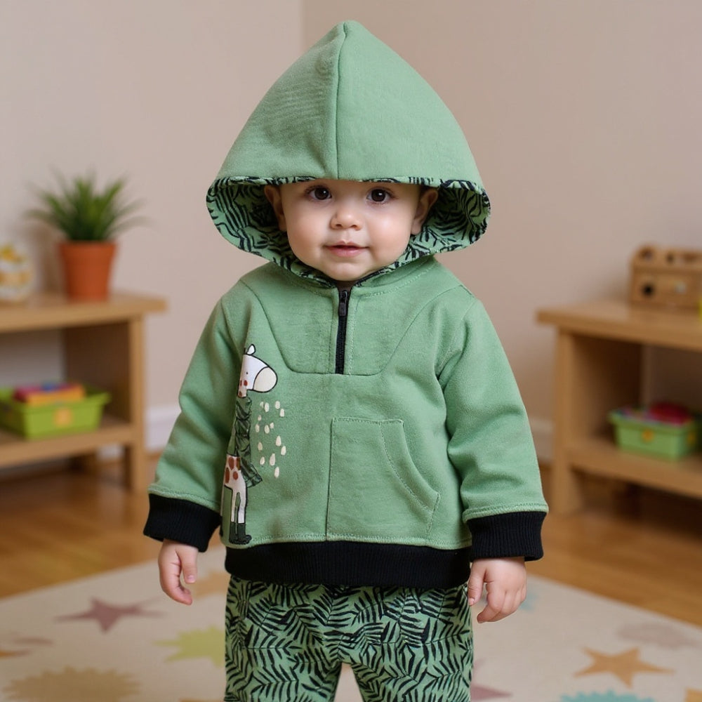 Baby Boys Cotton Hooded Pajama Set - Green with Giraffe Design