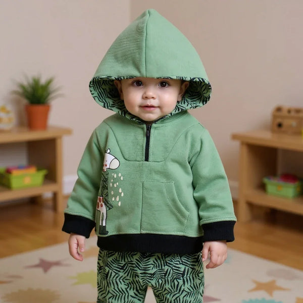 Baby Boys Cotton Hooded Pajama Set - Green with Giraffe Design
