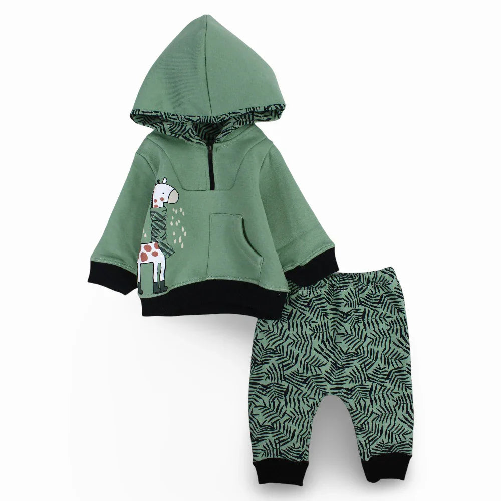 Baby Boys Cotton Hooded Pajama Set - Green with Giraffe Design - Clothing - Al Sayad