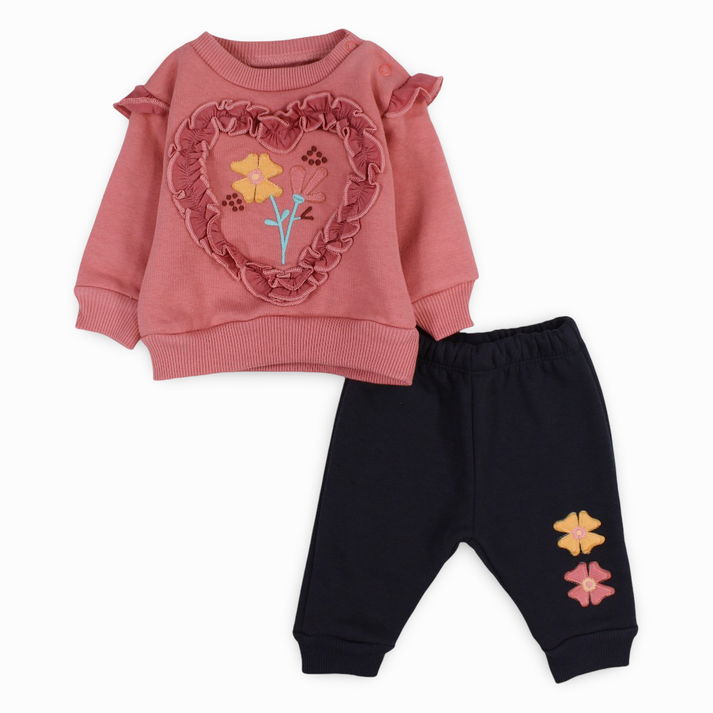 Baby Girls Cotton Pajama Set - Salmon with Cute Heart Design