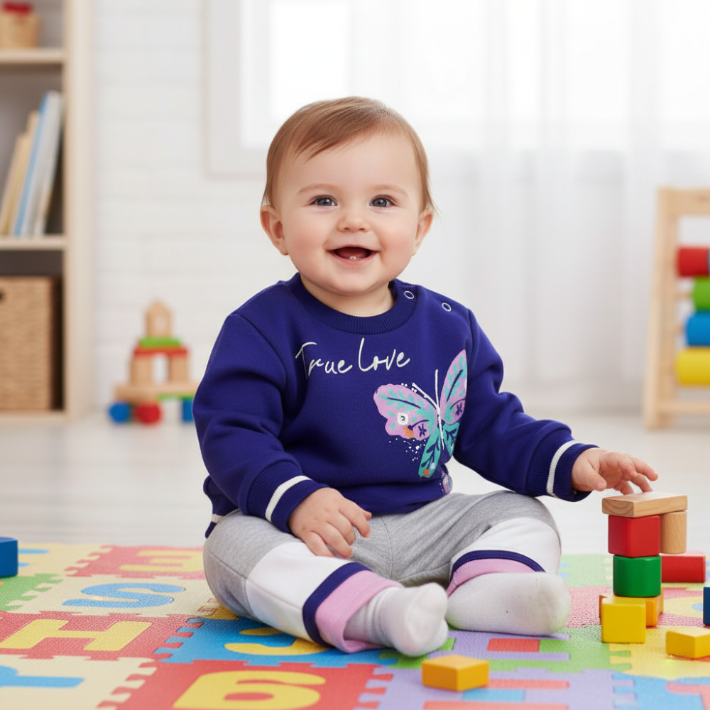 Baby Girls Cotton Pajama Set - Purple with Butterfly Design