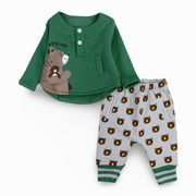 Baby Girls Cotton Pajama Set - Green with a Sleepy Bear Design