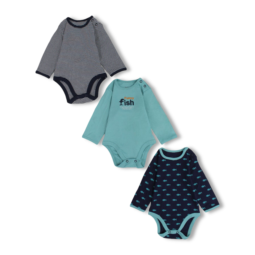 Baby Boys Cotton Long-Sleeved Underwear Bodysuit - Multicolor with Funny Fish Print (Pack of 3) - Al Sayad