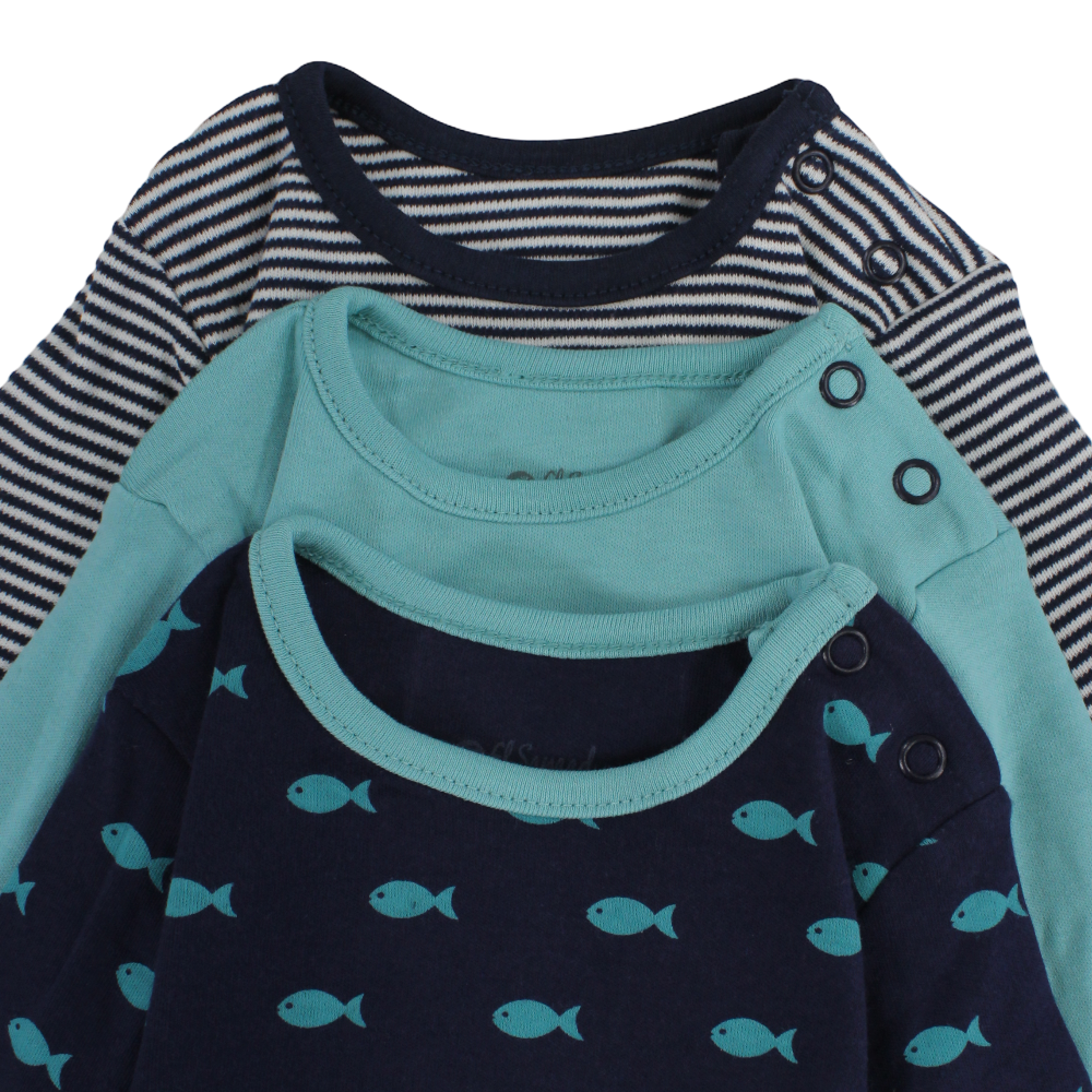 Baby Boys Cotton Long-Sleeved Underwear Bodysuit - Multicolor with Funny Fish Print (Pack of 3)