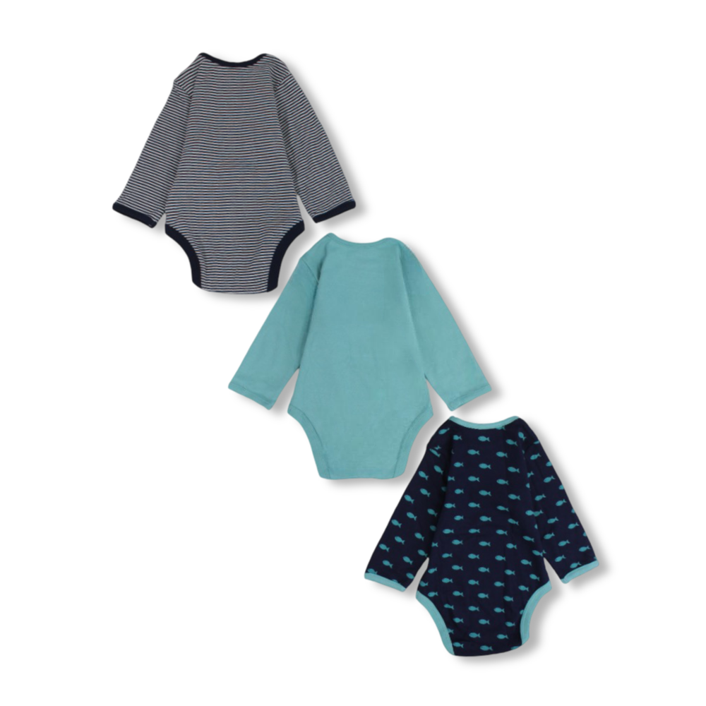 Baby Boys Cotton Long-Sleeved Underwear Bodysuit - Multicolor with Funny Fish Print (Pack of 3)