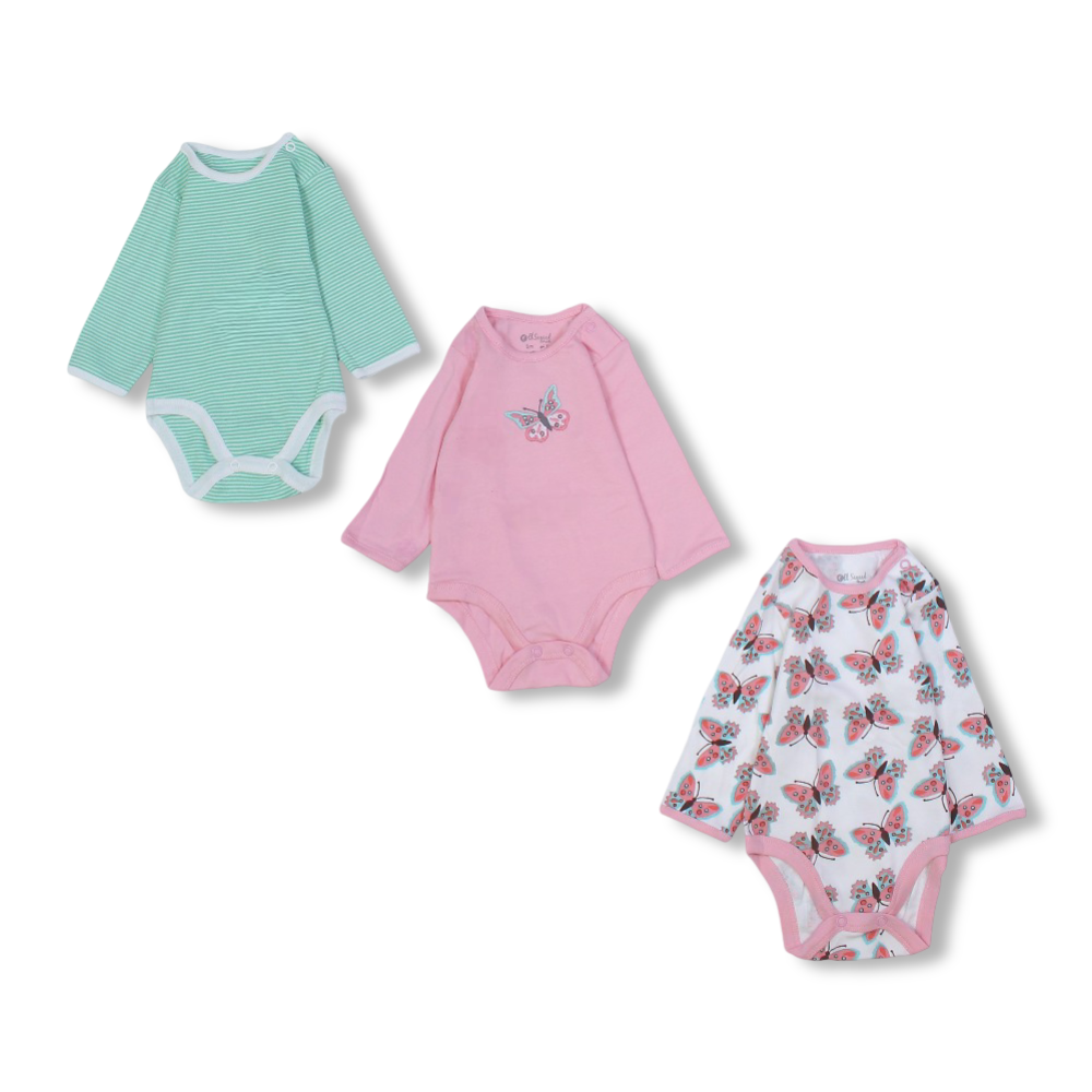 Baby Girls Cotton Long-Sleeved Underwear Bodysuit – Multicolor with Butterflies Print (Pack of 3)