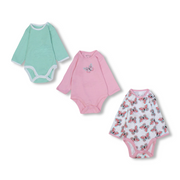 Baby Girls Cotton Long-Sleeved Underwear Bodysuit – Multicolor with Butterflies Print (Pack of 3)