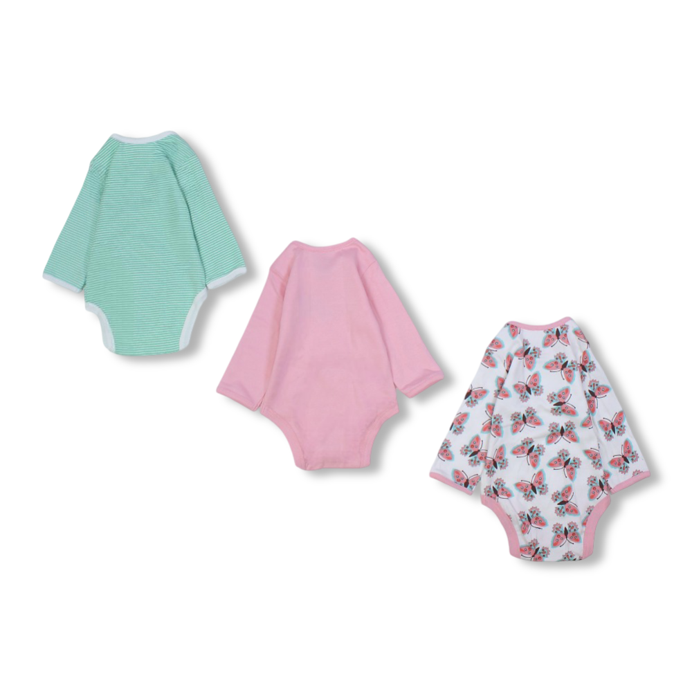 Baby Girls Cotton Long-Sleeved Underwear Bodysuit – Multicolor with Butterflies Print (Pack of 3)