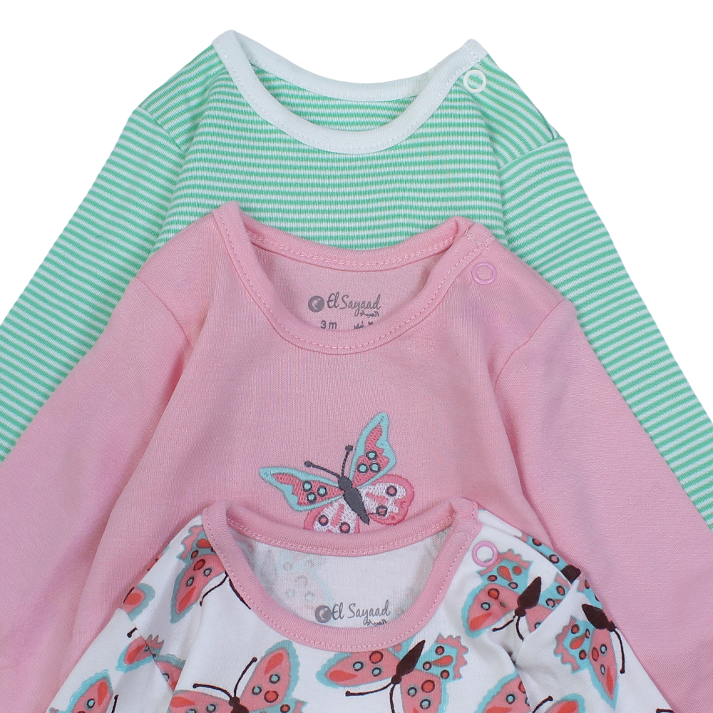 Baby Girls Cotton Long-Sleeved Underwear Bodysuit – Multicolor with Butterflies Print (Pack of 3)