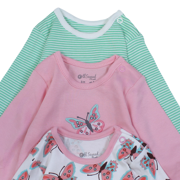 Baby Girls Cotton Long-Sleeved Underwear Bodysuit – Multicolor with Butterflies Print (Pack of 3)