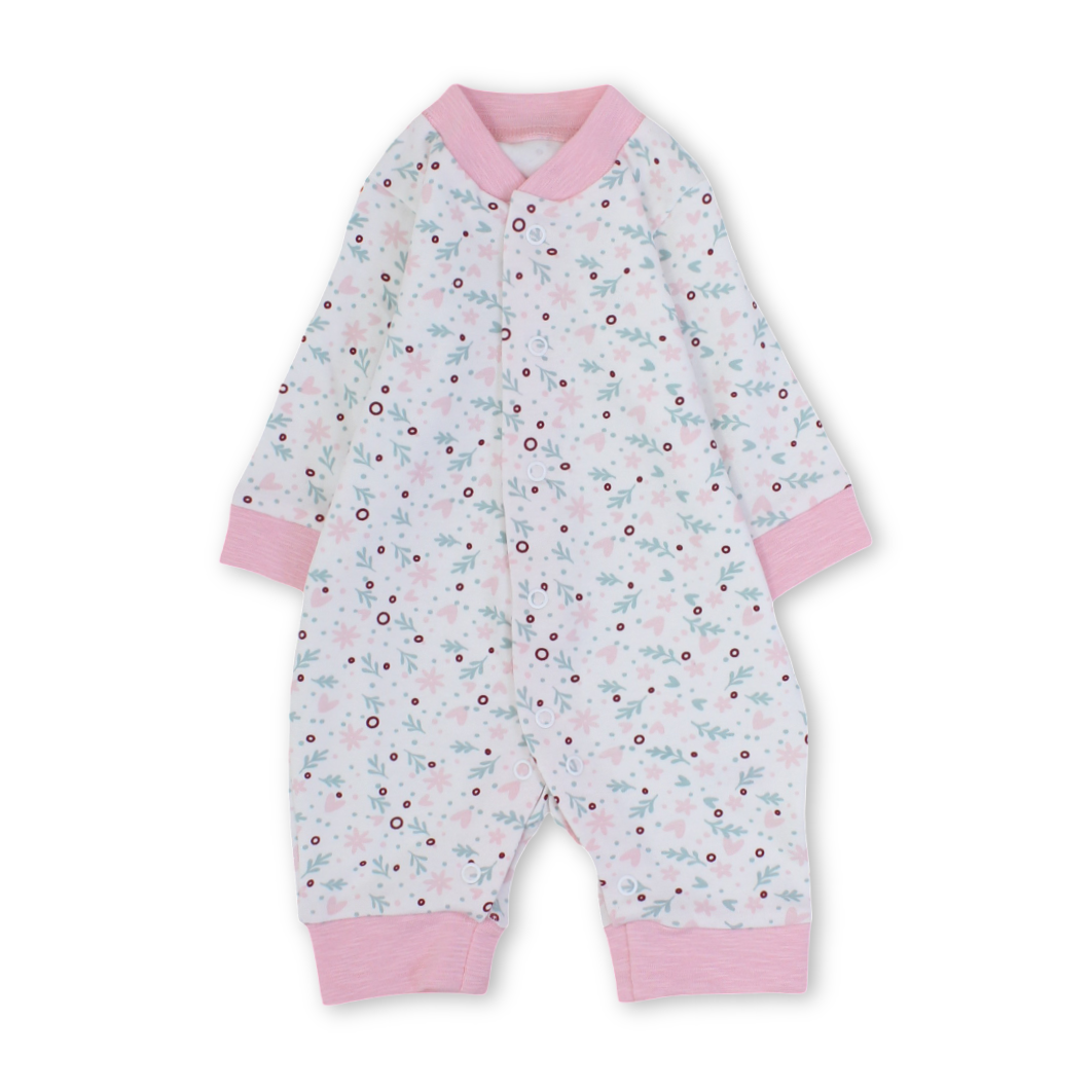 Baby Girls Cotton Footless Onesie – Off-White & Pink with Hearts & Flowers Print