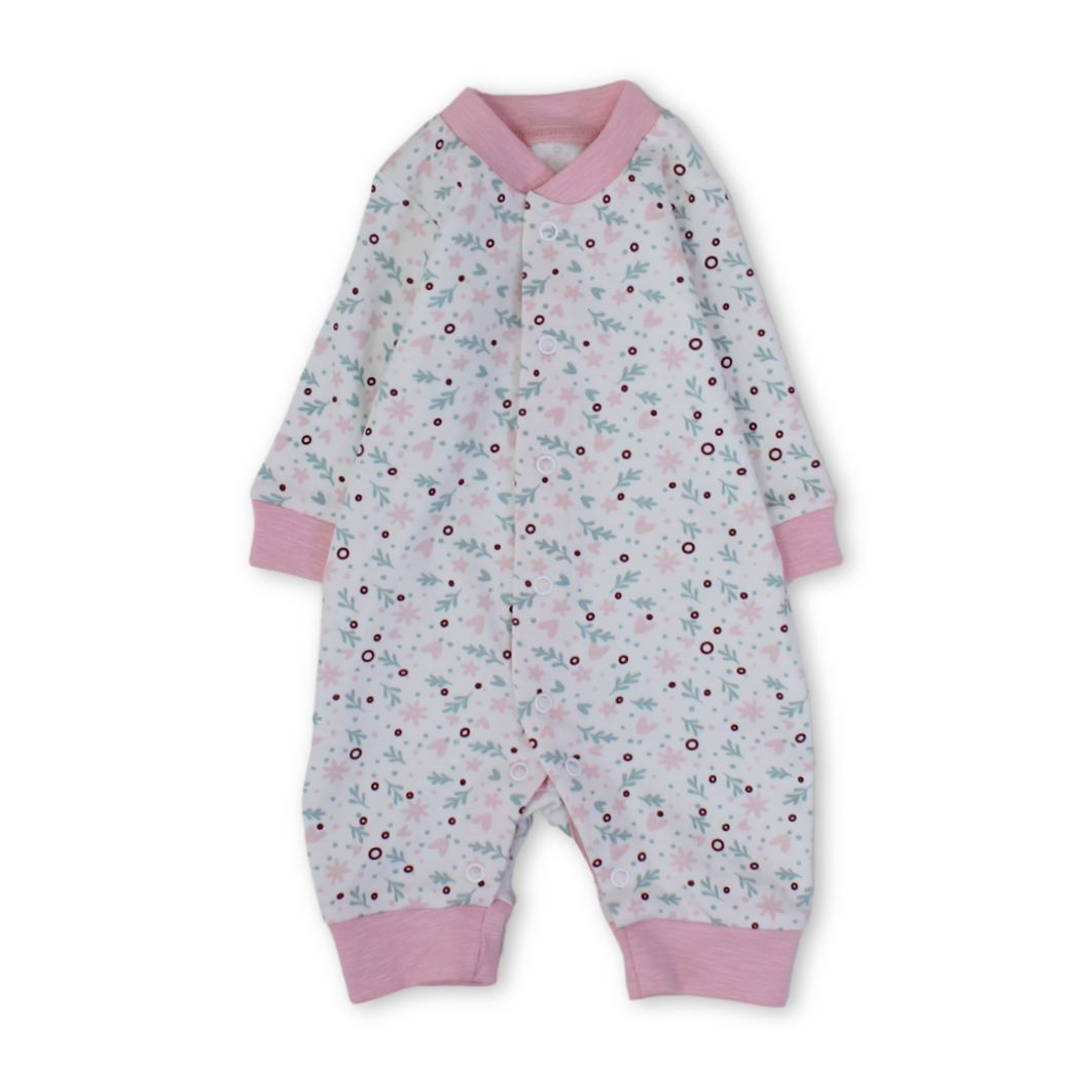 Baby Girls Cotton Footless Onesie – Off-White & Pink with Hearts & Flowers Print