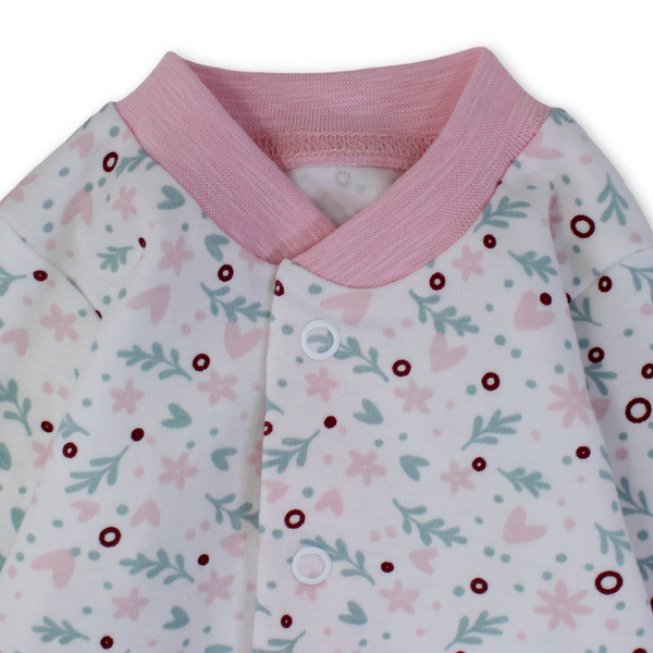 Baby Girls Cotton Footless Onesie – Off-White & Pink with Hearts & Flowers Print