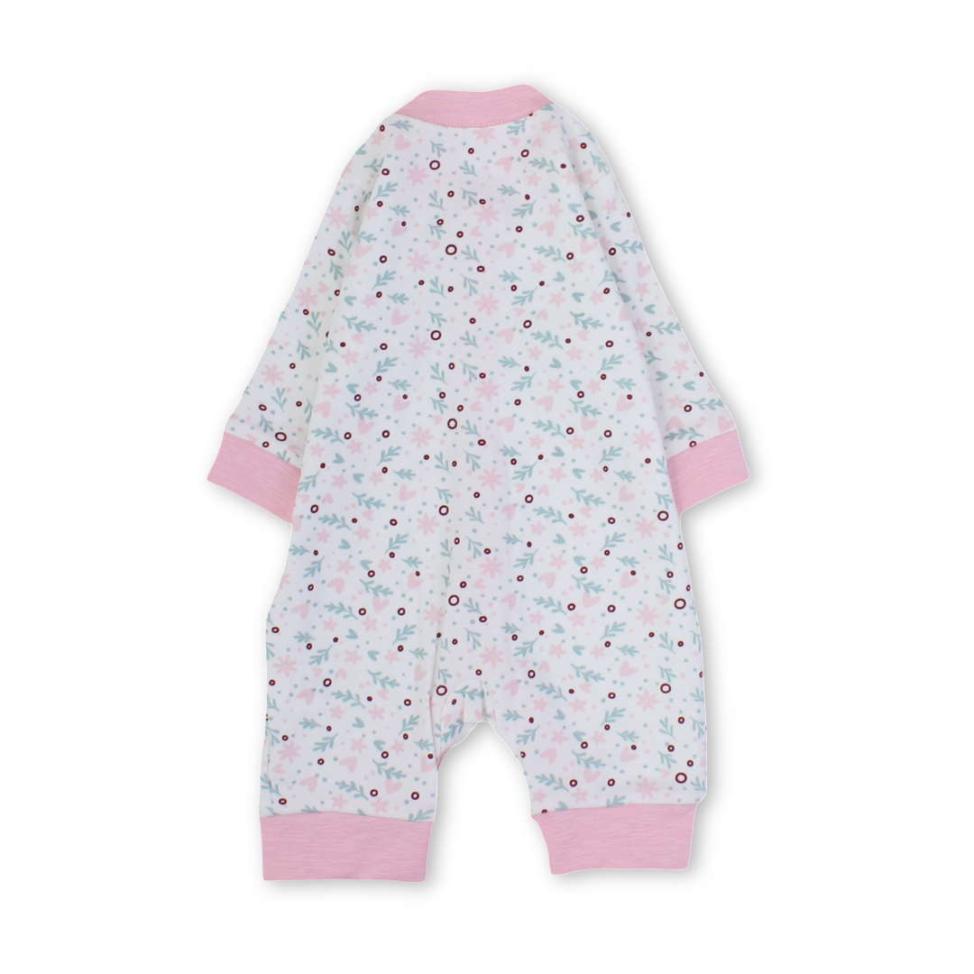 Baby Girls Cotton Footless Onesie – Off-White & Pink with Hearts & Flowers Print