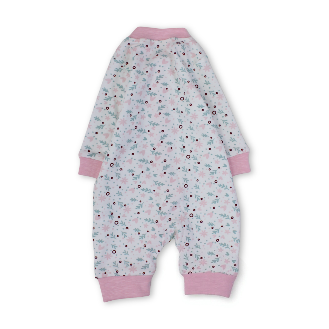 Baby Girls Cotton Footless Onesie – Off-White & Pink with Hearts & Flowers Print