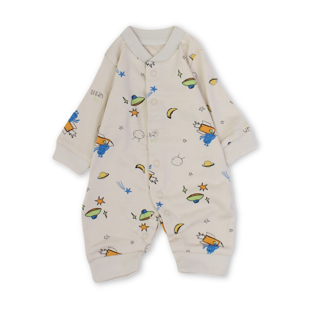 Baby Boys Cotton Footless Onesie – Beige with Space Print
