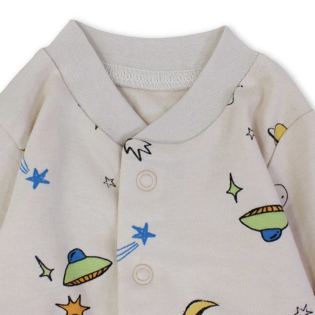 Baby Boys Cotton Footless Onesie – Beige with Space Print