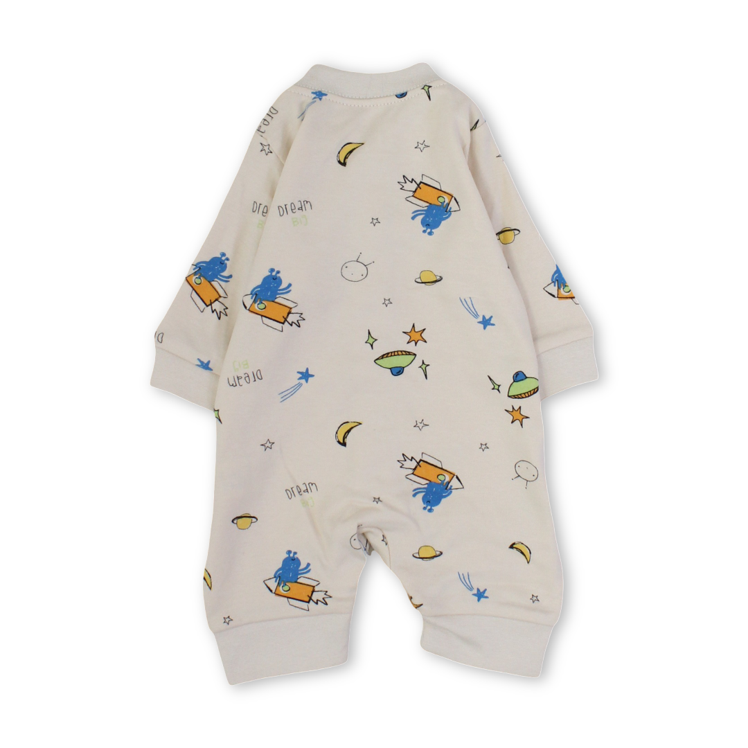 Baby Boys Cotton Footless Onesie – Beige with Space Print