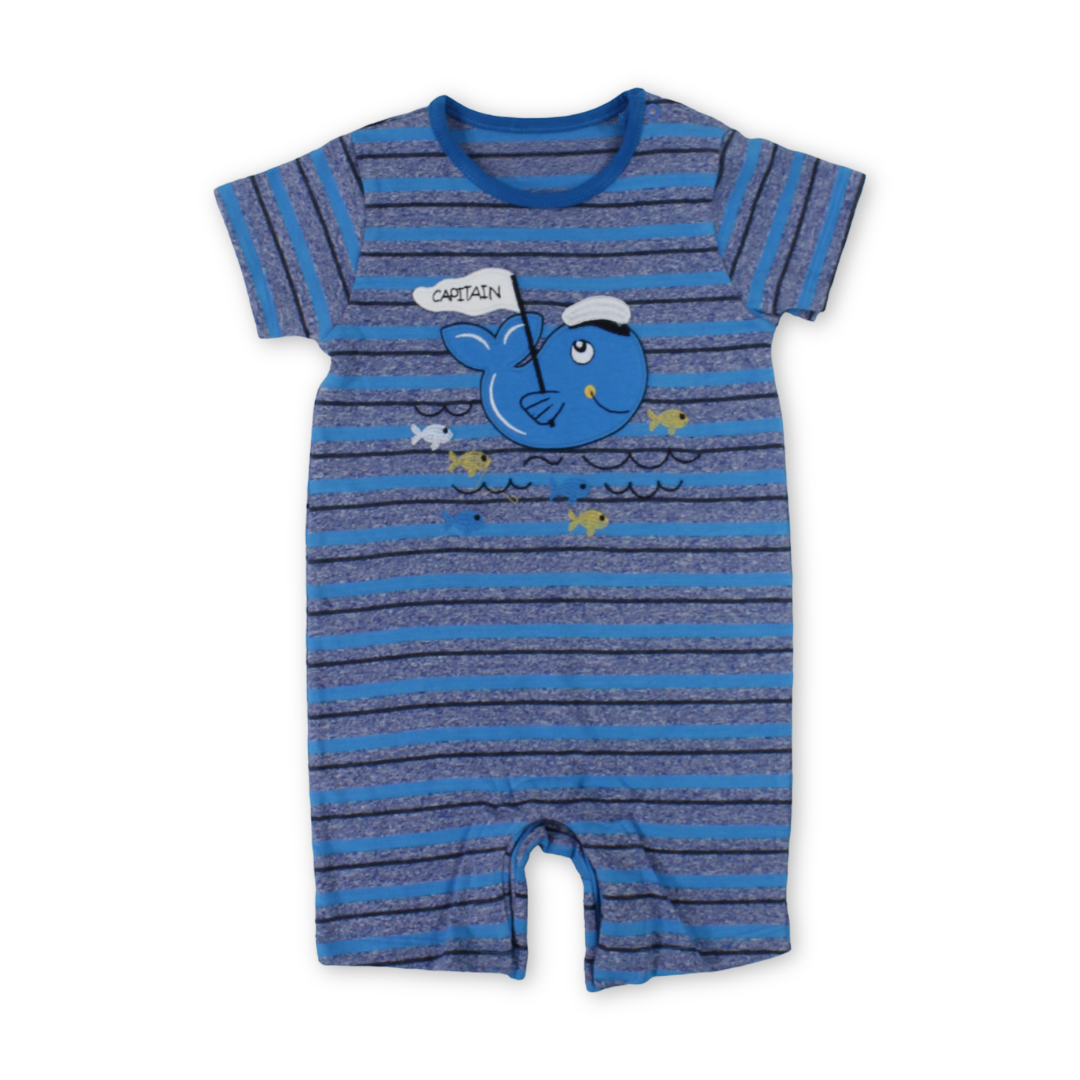 Baby Boys Cotton Romper – Blue & Grey with Dolphin Print
