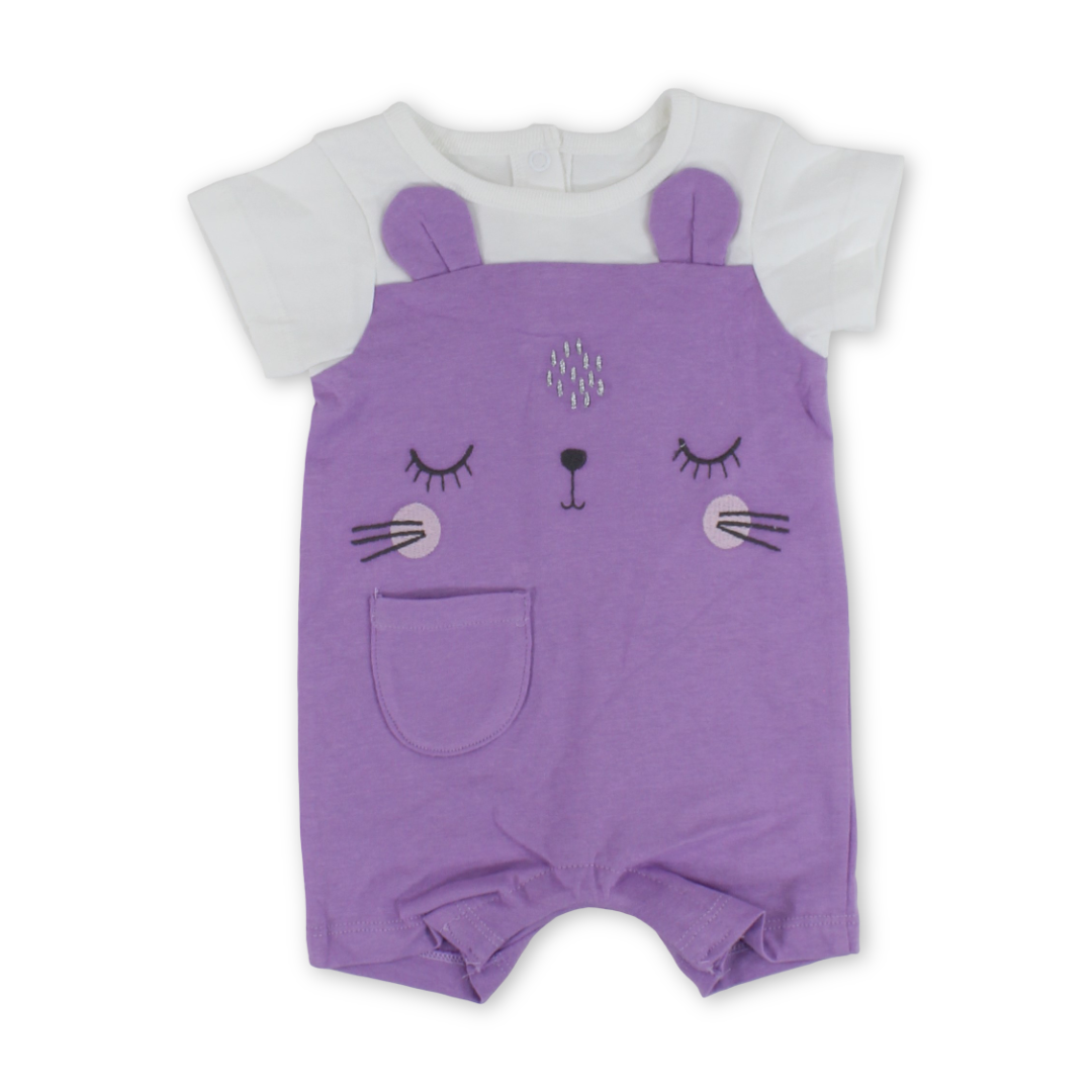 Baby Girls Cotton Romper – Purple & White with Cat Embroidery - Clothing - Al Sayad