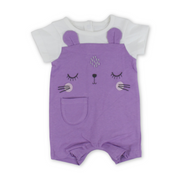 Baby Girls Cotton Romper – Purple & White with Cat Embroidery