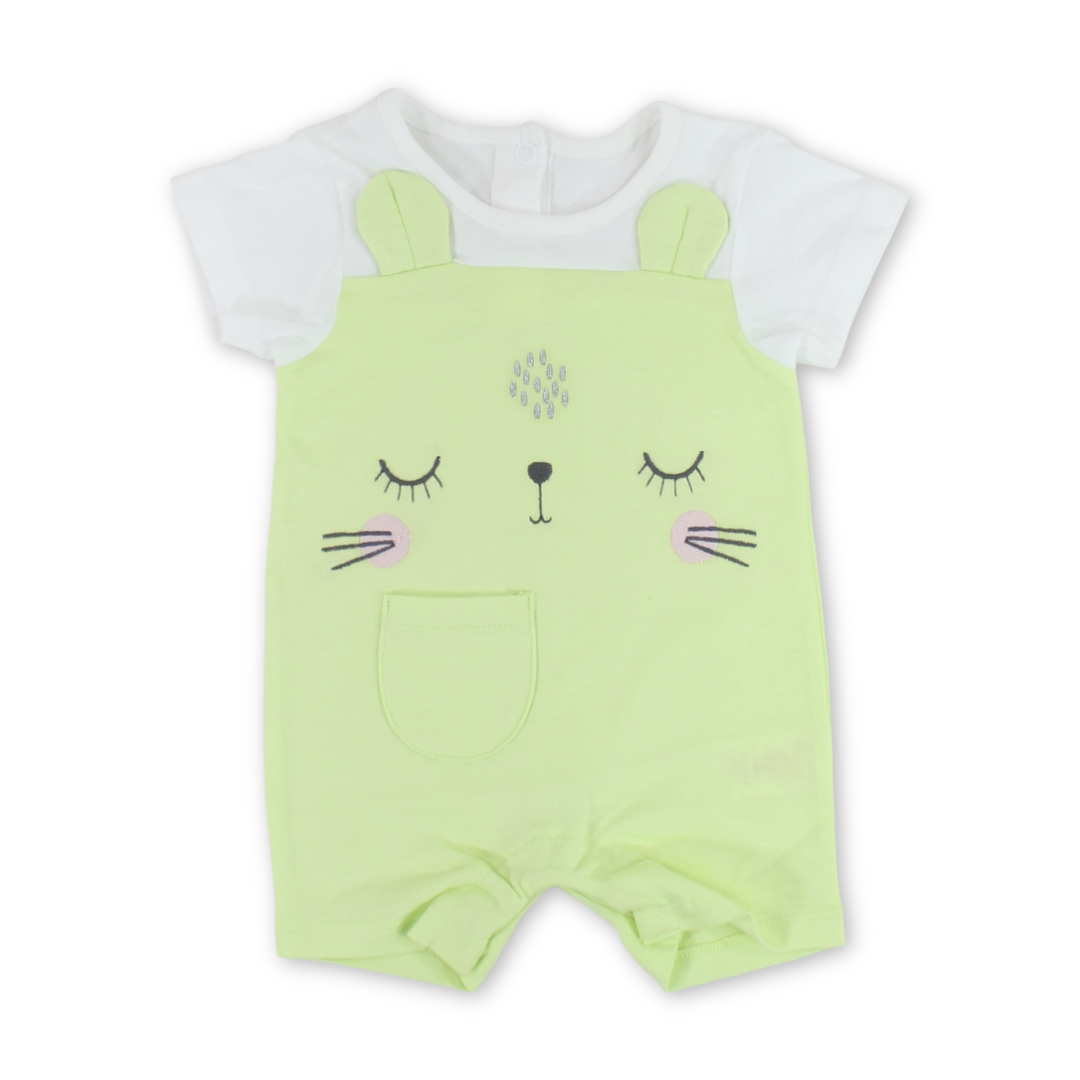 Baby Girls Cotton Romper – Light Green with Cat Embroidery - Clothing - Al Sayad