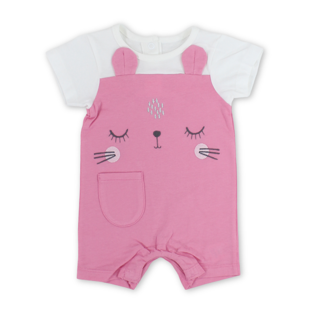 Baby Girls Cotton Romper – Pink & White with Cat Embroidery - Clothing - Al Sayad