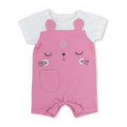 Baby Girls Cotton Romper – Pink & White with Cat Embroidery