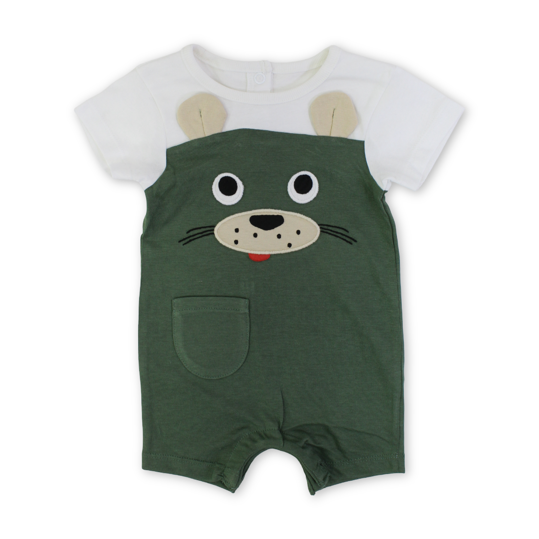 Baby Boys Cotton Romper – Olive & White with Dog Embroidery - Clothing - Al Sayad