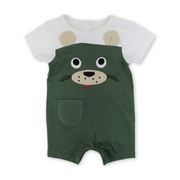 Baby Boys Cotton Romper – Olive & White with Dog Embroidery