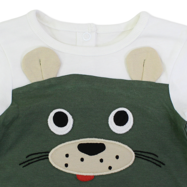 Baby Boys Cotton Romper – Olive & White with Dog Embroidery