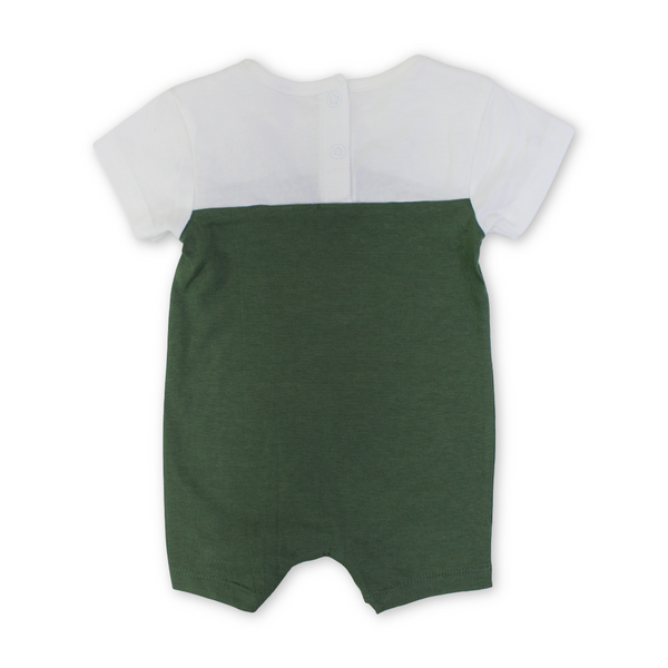 Baby Boys Cotton Romper – Olive & White with Dog Embroidery