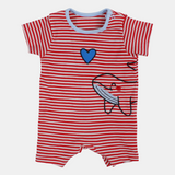 Unisex Baby Cotton Romper – Red Striped with Shark Design