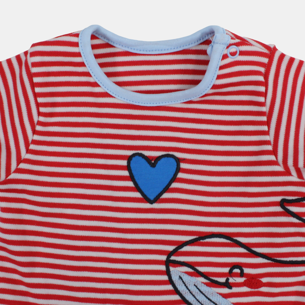 Unisex Baby Cotton Romper – Red Striped with Shark Design