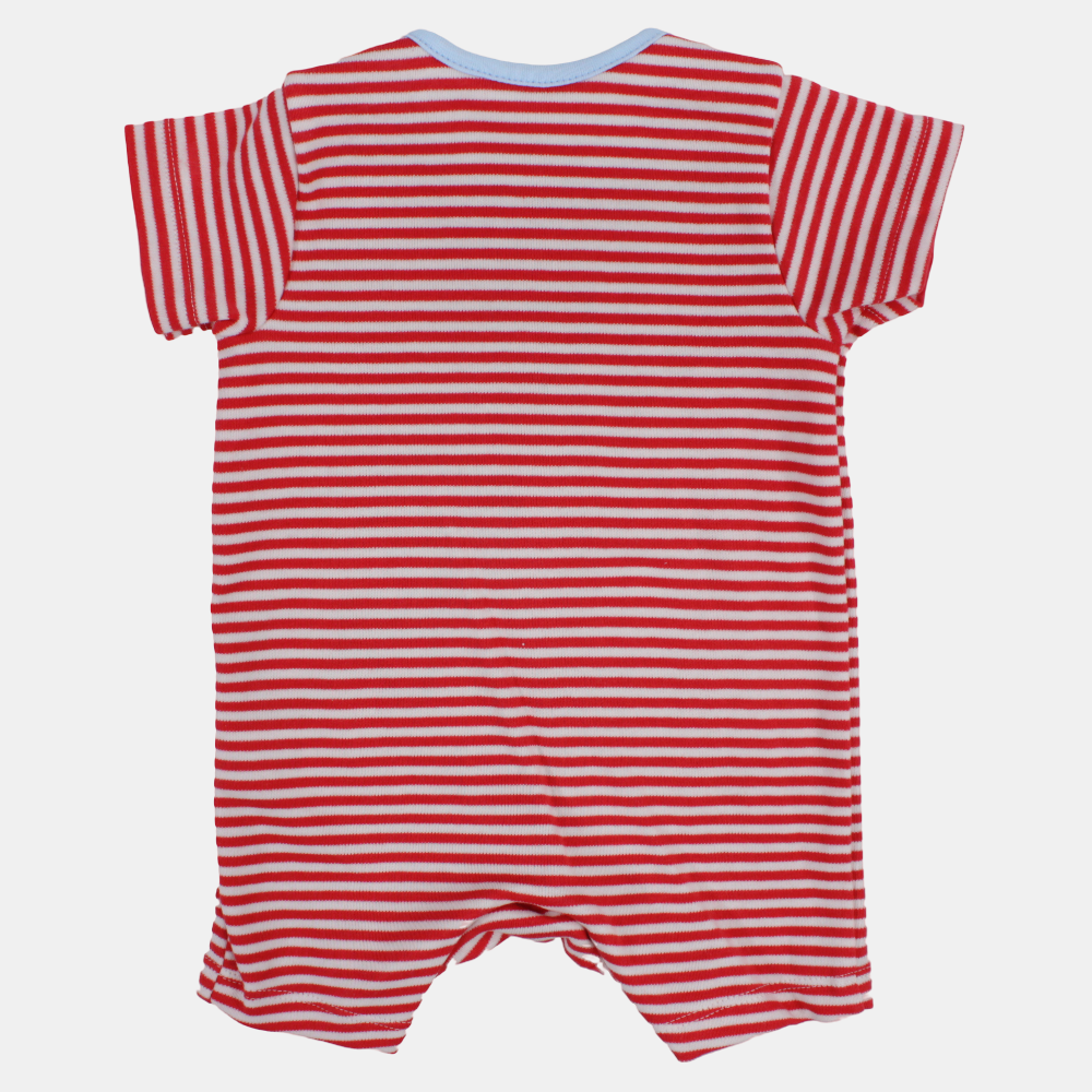 Unisex Baby Cotton Romper – Red Striped with Shark Design