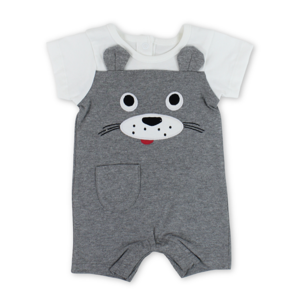 Baby Boys Cotton Romper – Grey & White with Dog Embroidery - Clothing - Al Sayad