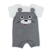 Baby Boys Cotton Romper – Grey & White with Dog Embroidery