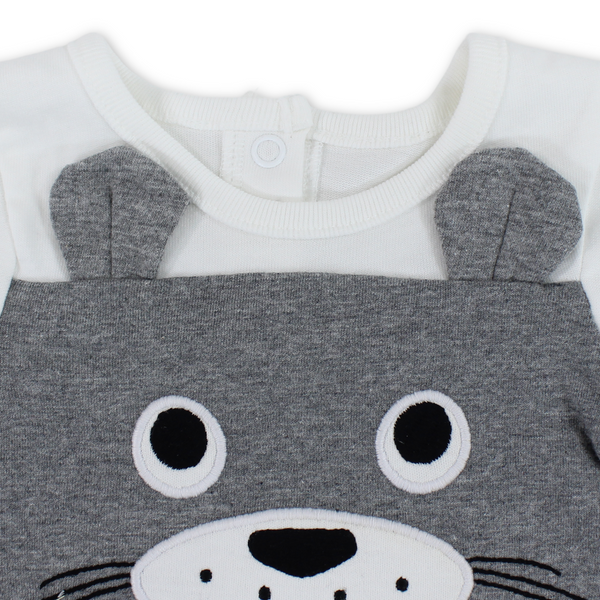 Baby Boys Cotton Romper – Grey & White with Dog Embroidery