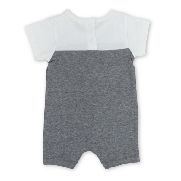 Baby Boys Cotton Romper – Grey & White with Dog Embroidery
