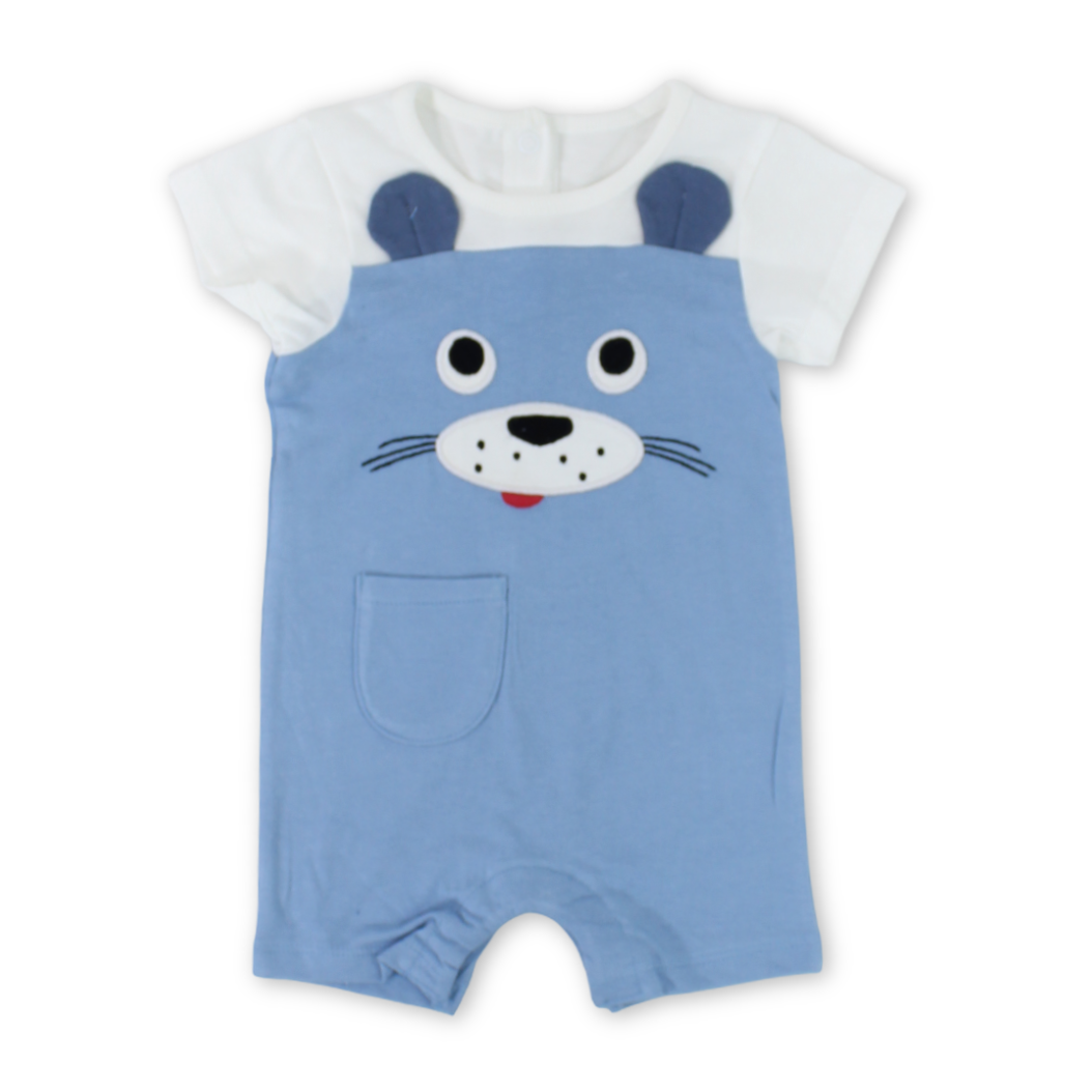 Baby Boys Cotton Romper – Baby Blue & White with Dog Embroidery