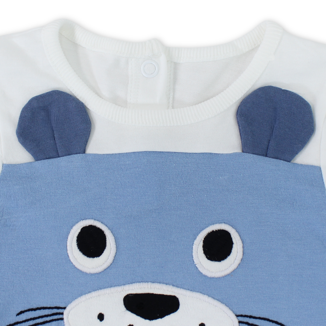 Baby Boys Cotton Romper – Baby Blue & White with Dog Embroidery