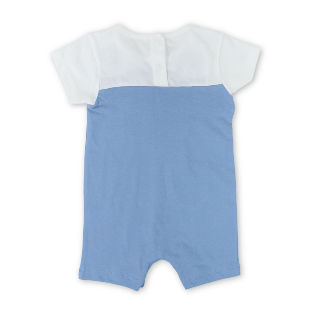 Baby Boys Cotton Romper – Baby Blue & White with Dog Embroidery