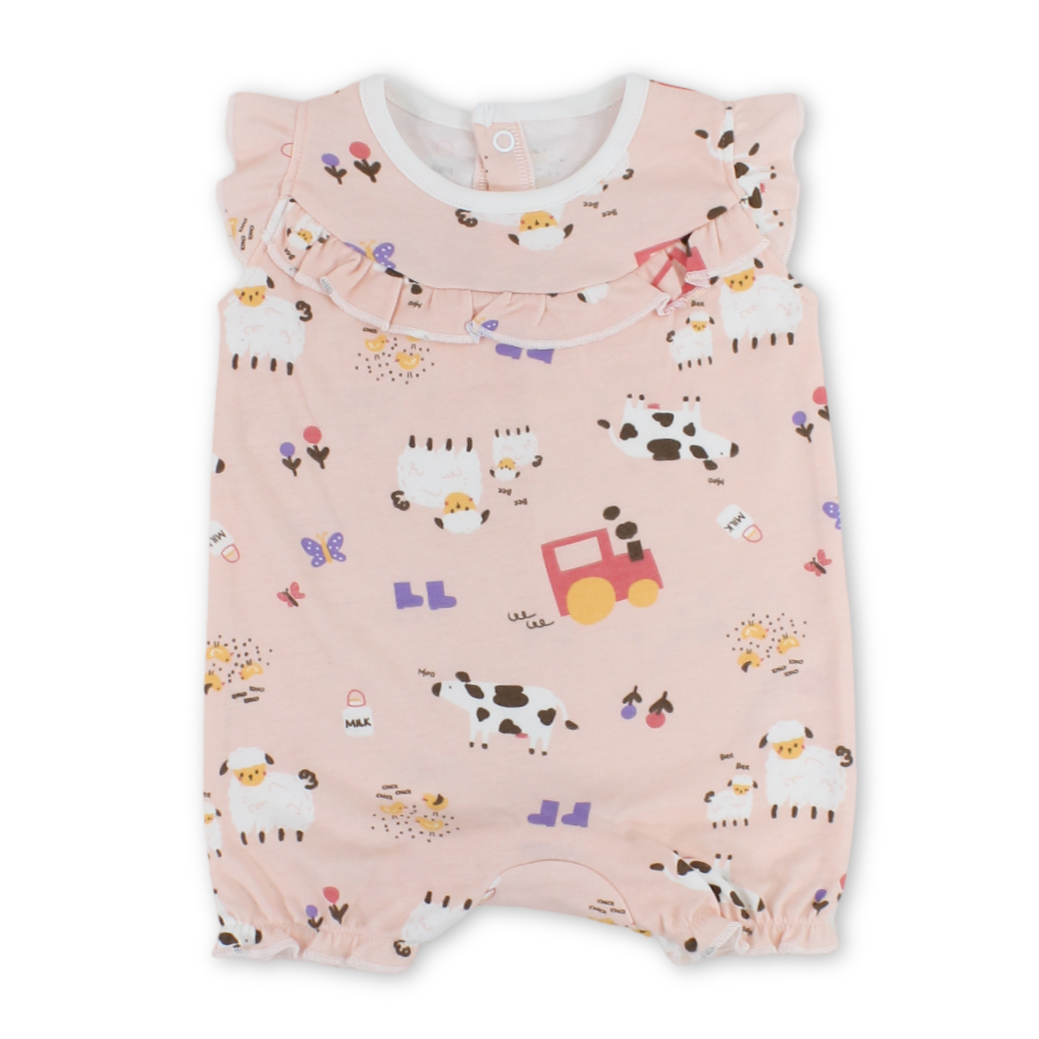 Baby Girls Cotton Romper – Pink with Farm Animals Print - Clothing - Al Sayad