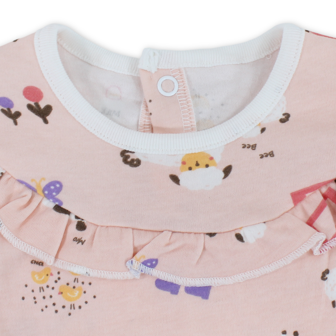Baby Girls Cotton Romper – Pink with Farm Animals Print
