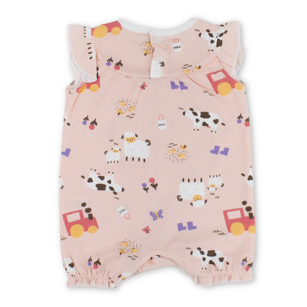 Baby Girls Cotton Romper – Pink with Farm Animals Print